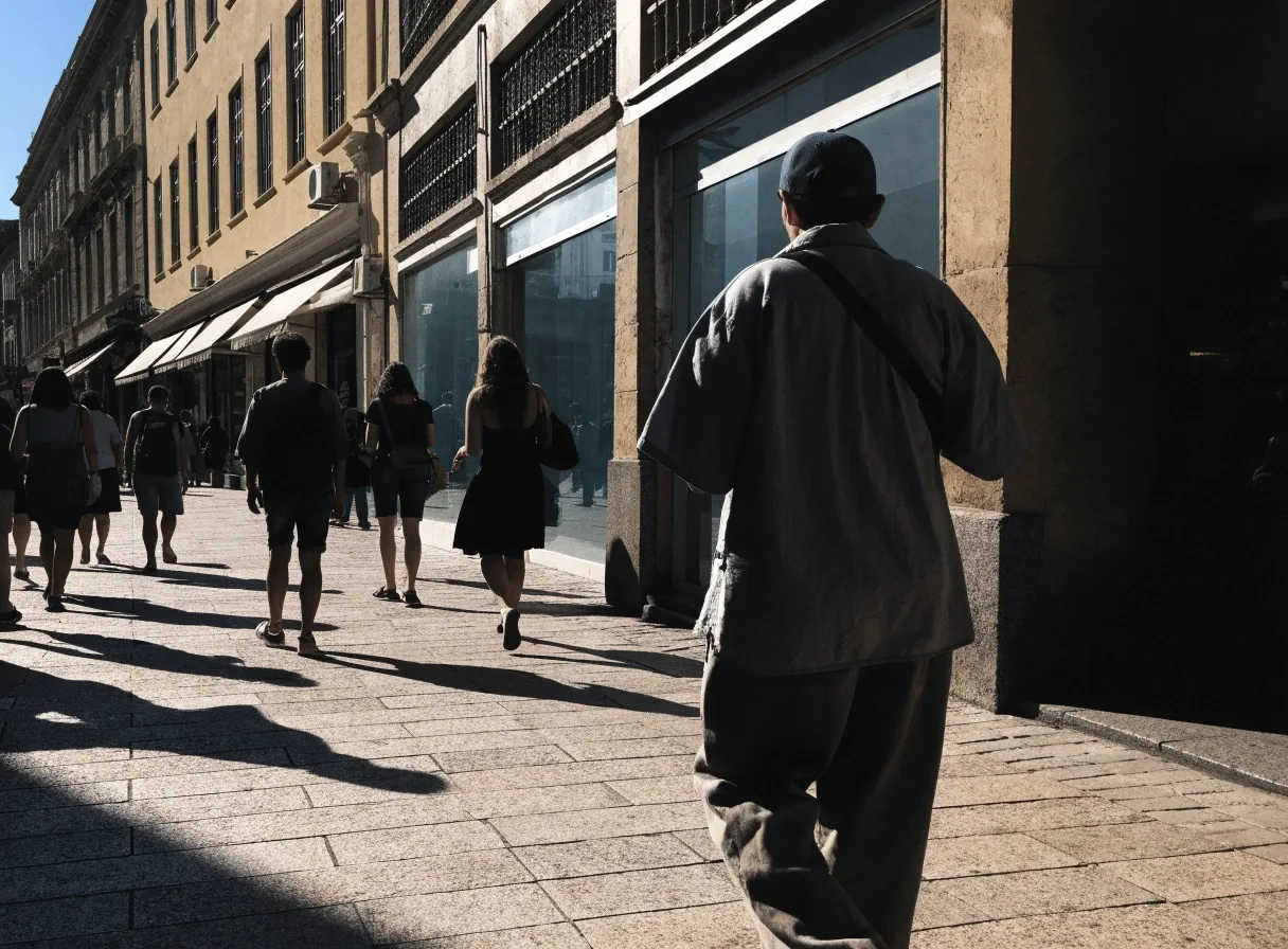 Acera céntrica de una ciudad española a mediodía con viandantes y sombras duras