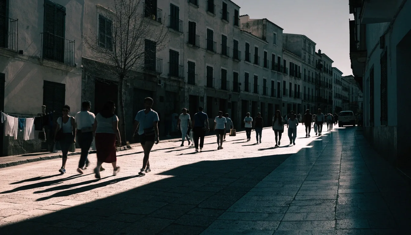 Avenida residencial española a mediodía con peatones cruzando en la misma dirección y sombras duras sobre la acera