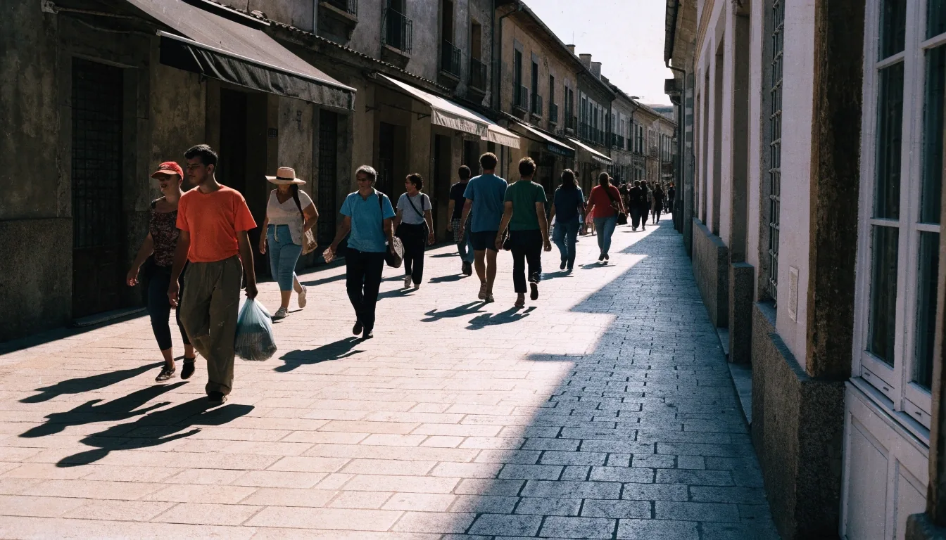 Personas caminando por una acera española a mediodía, con sombras duras sobre el pavimento