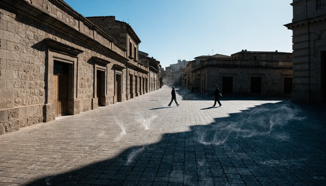 Plaza española barrida por el viento a mediodía con dos figuras y una sombra alargada