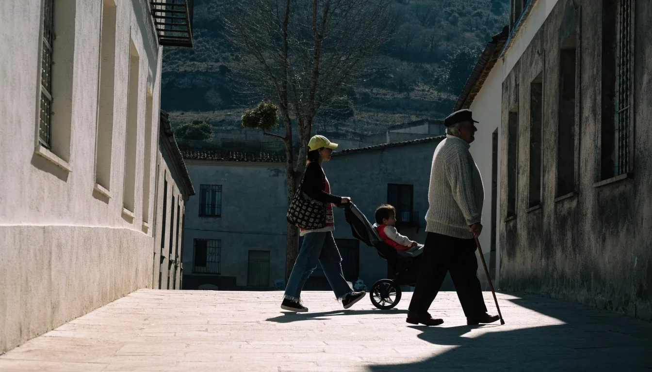 Vecinos caminando por una acera española a mediodía con sombras duras sobre el pavimento